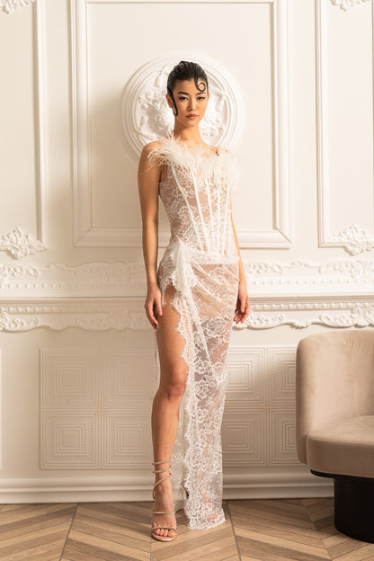 Delicate Lace Gown With Feather Embellished Neckline - White